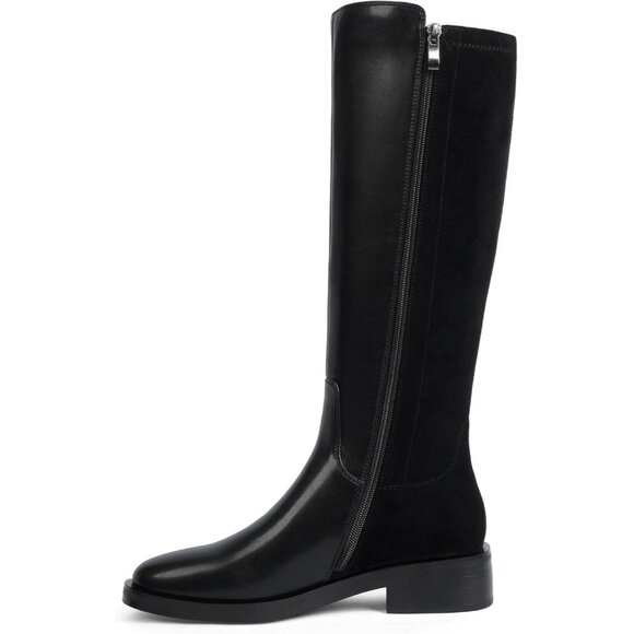 Women Polyurethane Stretch-black Round Toe Flat Heel Side Zipper Knee High Boots - Picture 2 of 7